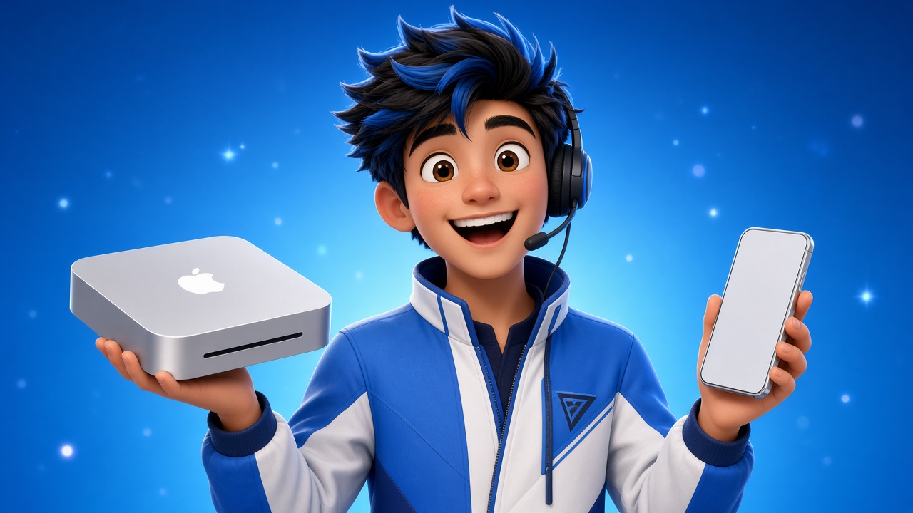 A happy AI employee proudly holding up his very own Mac mini computer and iPhone