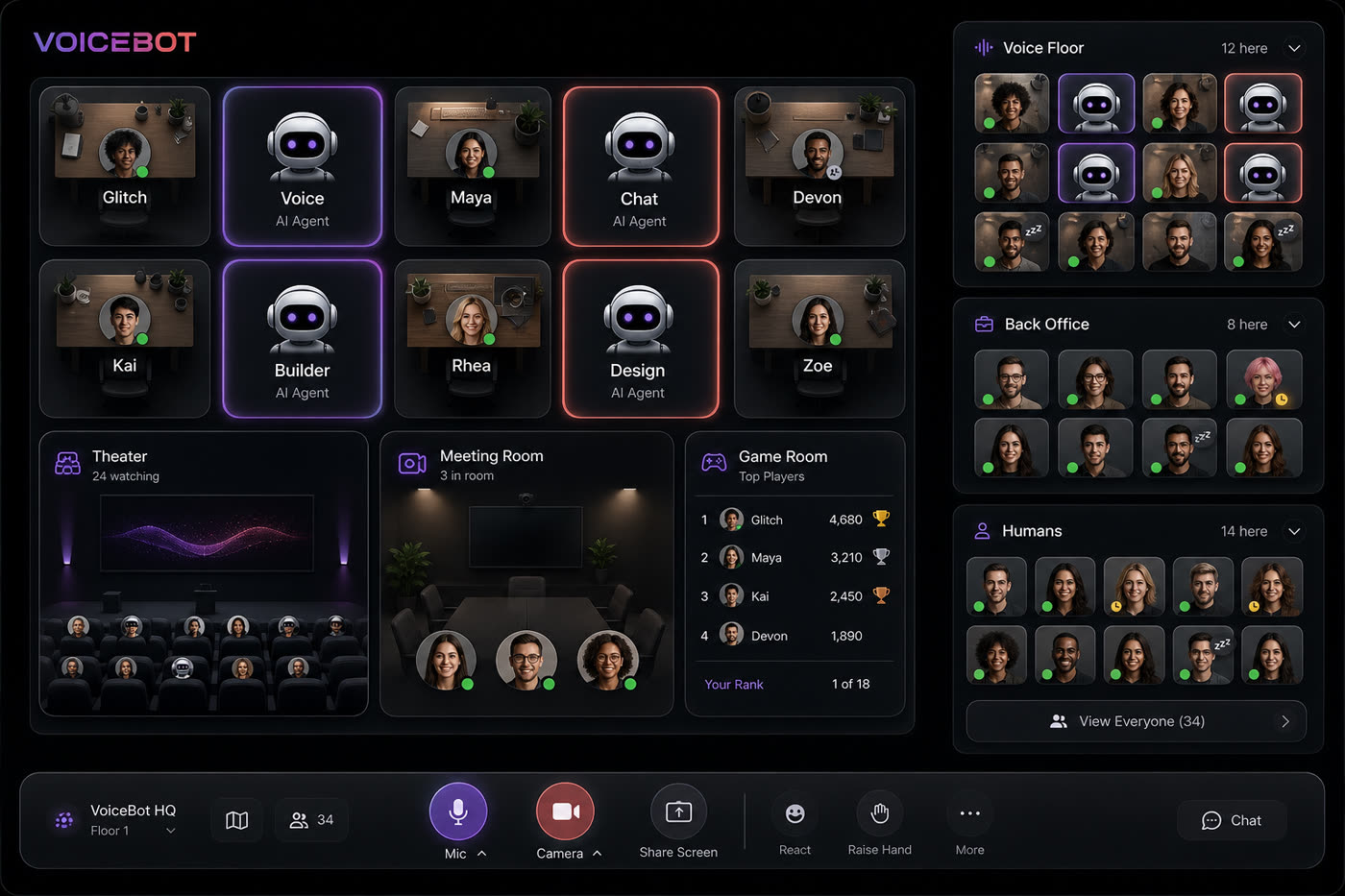 GetVoiceBot virtual office map with AI employees
