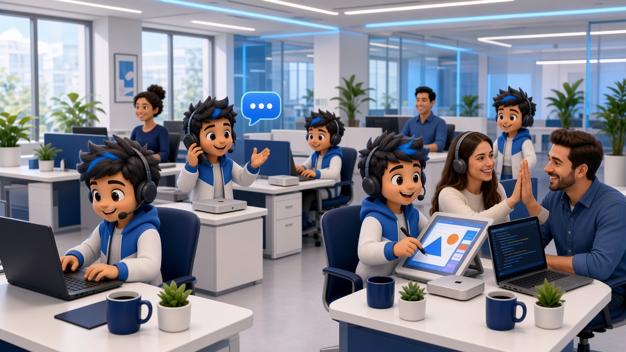 Our virtual office: real people and friendly cartoon AI employees working side by side