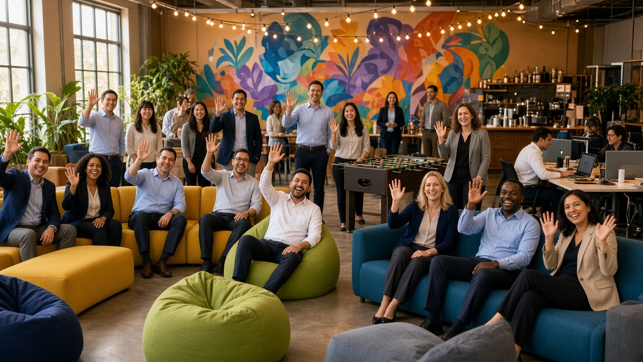 The More Than Rewards team hanging out together in our casual, fun office